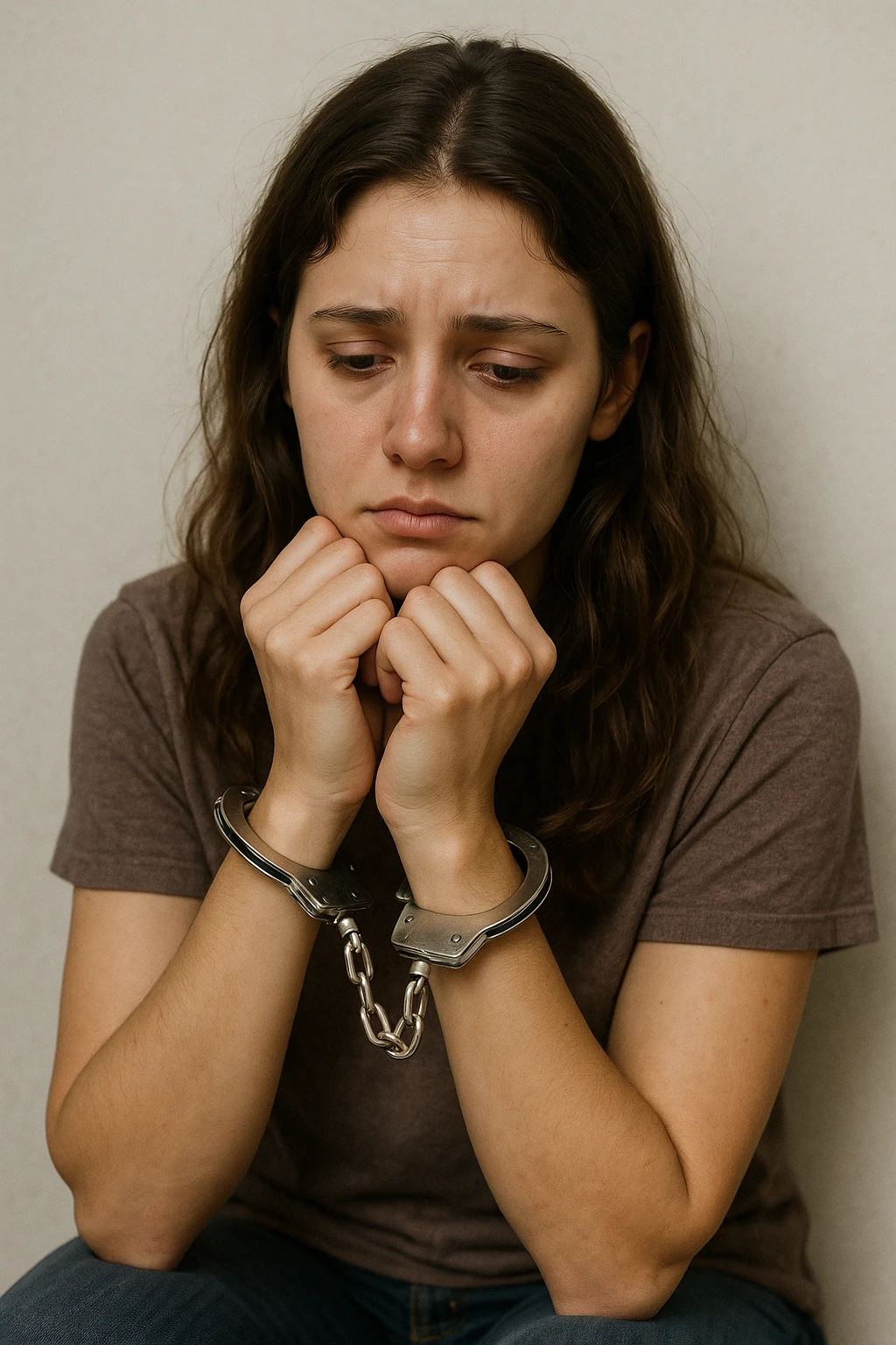 realistic illustration of a girl who is handcuffed, looking sad, neutral background emoji