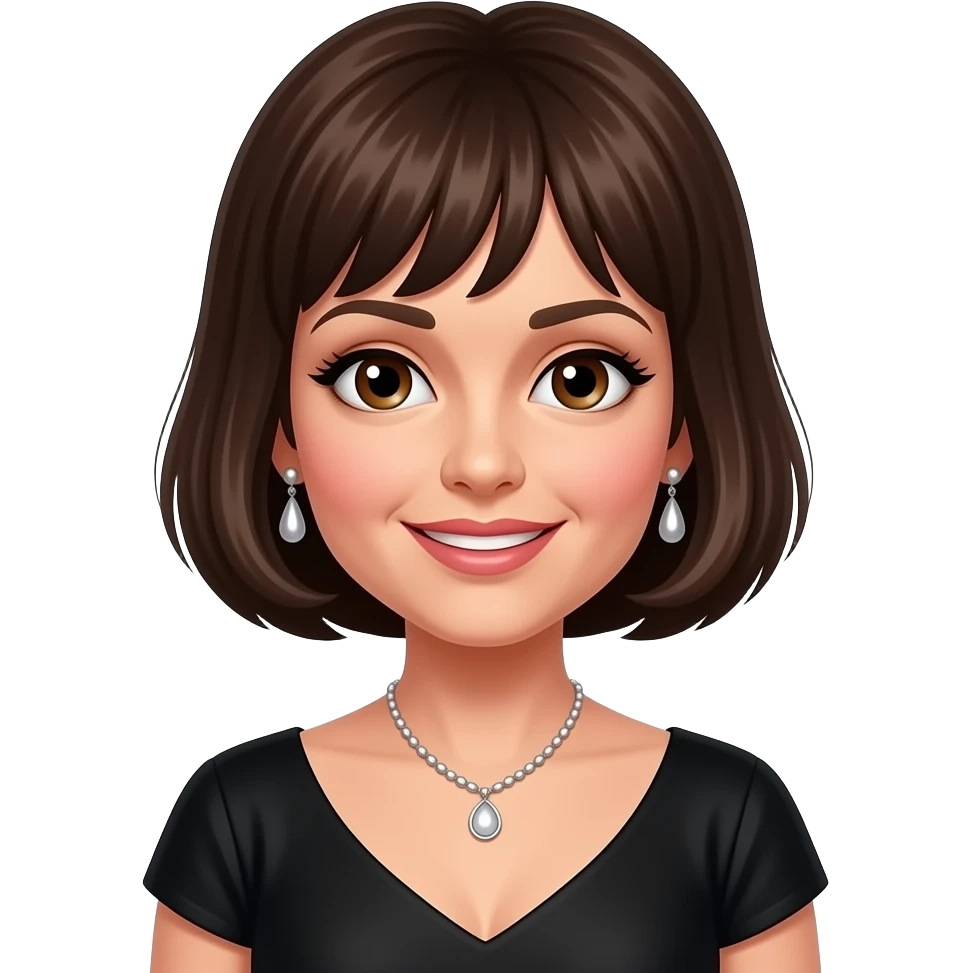 Liza Minnelli with brown eyes, dark brown 70s short hair, black hollywood dress, necklace and earrings emoji