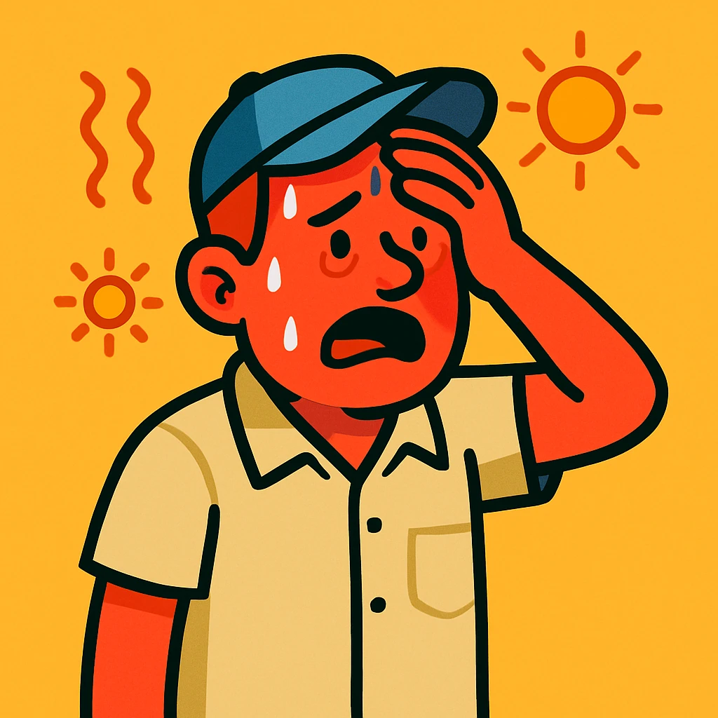a man with a red face from sun exposure, looking overheated, cartoon style emoji
