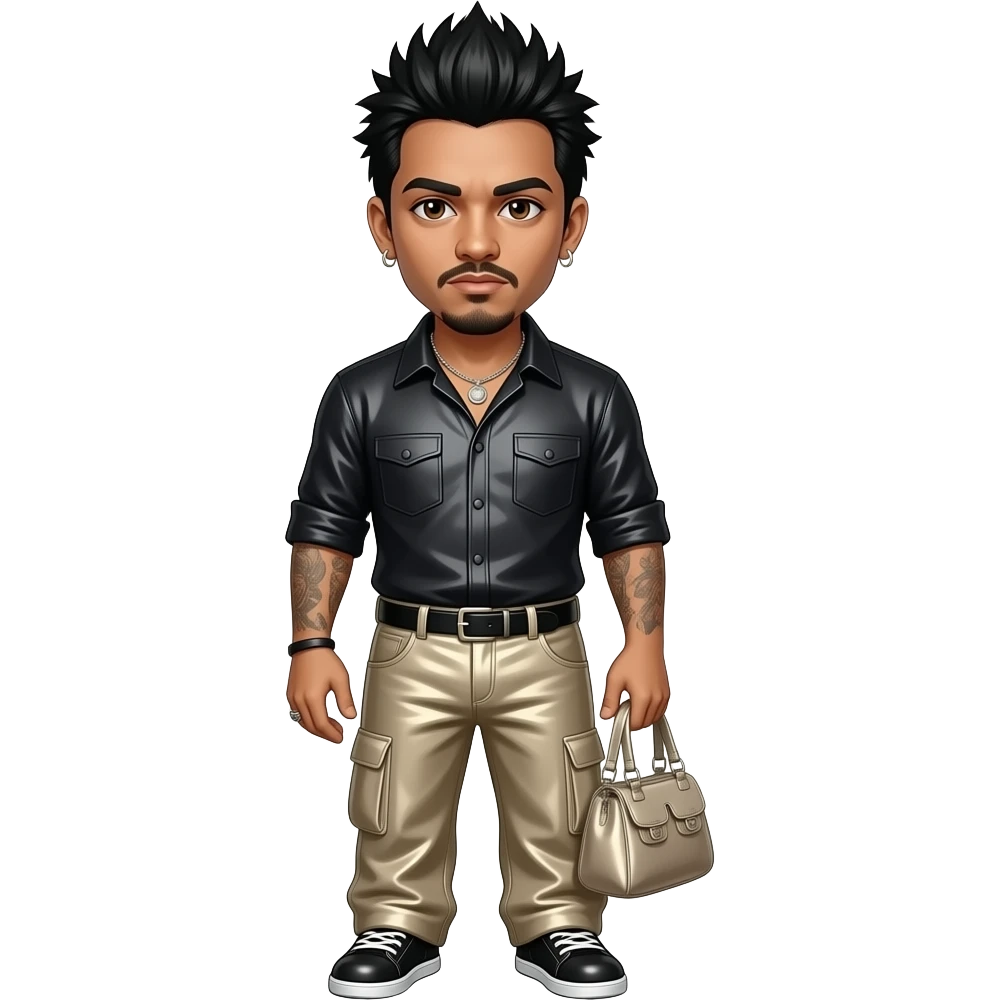 Chino Moreno with brown eyes, black spiky hair, black metallic metal shirt, beige metallic metal baggy pants, necklace and earrings emoji