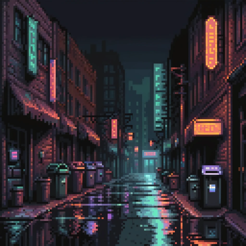 Pixel art background, side view of a dark Gotham-style street at night, moody lighting, flickering neon signs, trash bins, wet pavement, shadows in windows, 2D fighting game stage style, straight camera angle, vertical layout, 9:16 aspect ratio, suitable for mobile game
 emoji