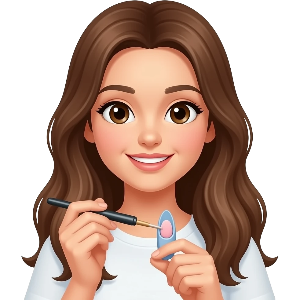 Girl with brown long hair working on clients nails set emoji