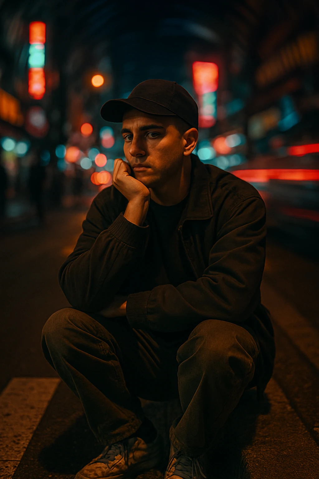 A cinematic night photo of a Southeast Asian man in his early 30s, with a medium tan (sawo matang) skin tone, sitting on the edge of a city sidewalk at night. He is wearing casual streetwear: a dark bomber jacket over a plain oversized T-shirt, loose-fit cargo pants, and worn-in sneakers. A black baseball cap is worn forward, slightly tilted. He sits with one knee up, resting one arm casually across it while the other hand props up his head — his chin resting on his knuckles, as he stares blankly toward the street ahead, deep in thought or zoning out.
The urban background is chaotic and colorful — glowing neon signs, streaks of red and blue light from passing cars, blurred silhouettes of pedestrians. A spiral or radial motion blur effect surrounds the background, emphasizing the stillness of the subject amidst the fast-moving city life.
Cinematic lighting highlights his face softly, with a warm glow on his skin while the surroundings remain moody and dark. The scene has a raw, introspective feel — like a frame from a neo-noir urban film. The ground beneath him is gritty and textured, the crosswalk lines and asphalt adding realism to the scene. emoji