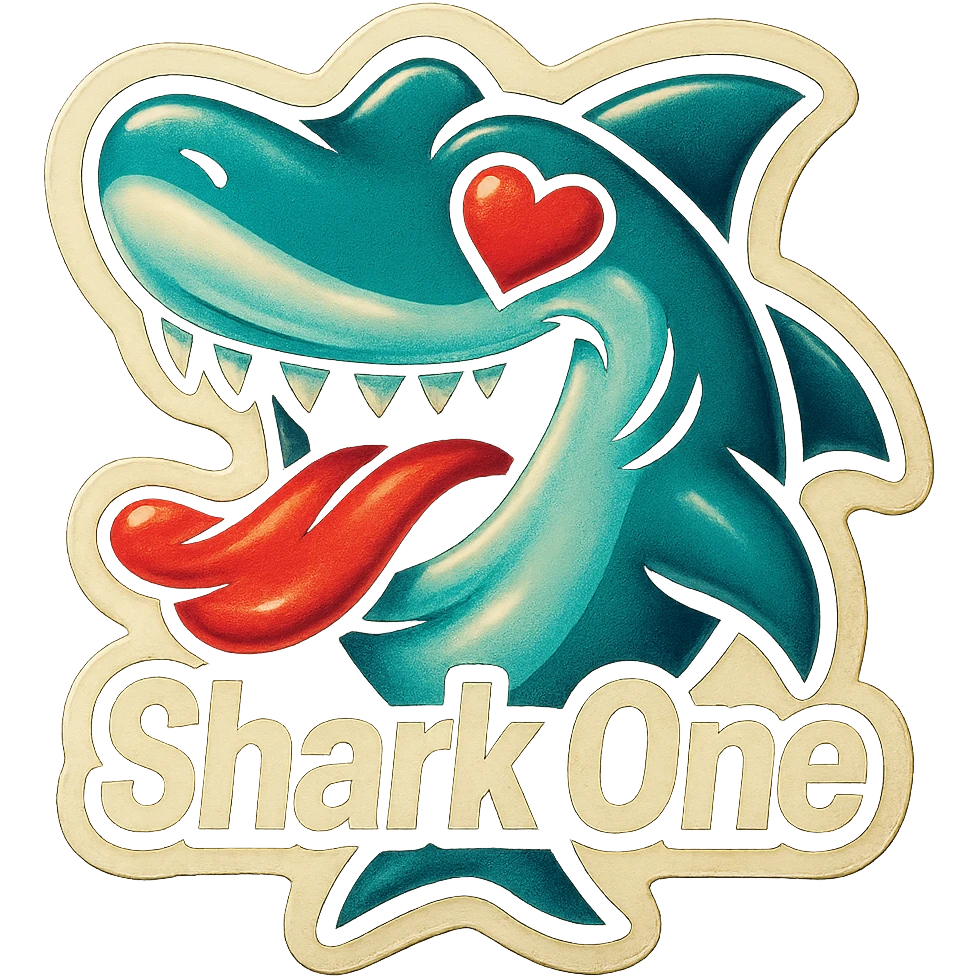 mouth open with tongue out
heart shaped eye
add the words “ Shark One " in White emoji