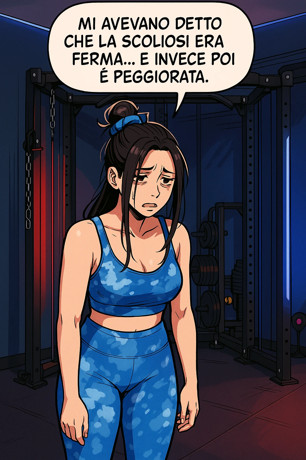 fai questa immagine in versione fumetto/manga/webtoon a colori, il manga mostra la donna disperata con un fumetto sulla testa che dice:
Mi avevano detto che la scoliosi era ferma… e invece poi è peggiorata.
 emoji