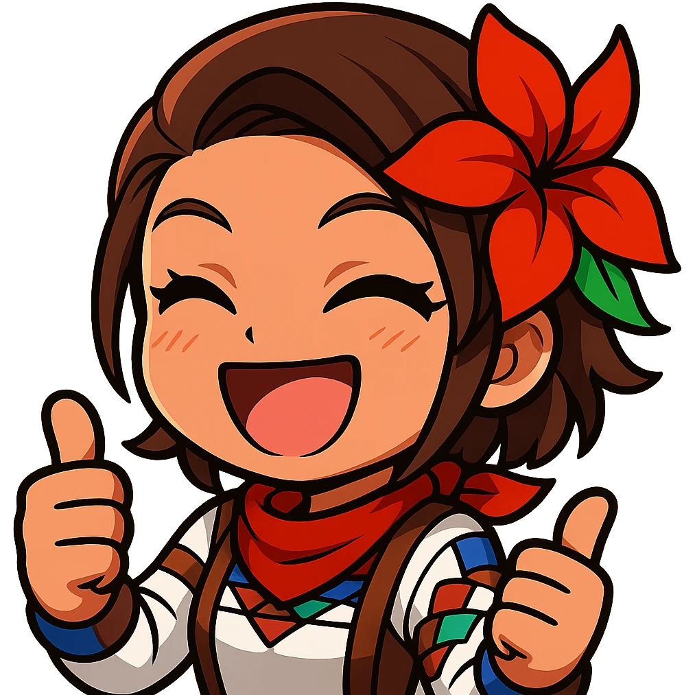Azucena from Tekken 8 in chibi sticker style, giving a double thumbs up, super happy expression, designed for Twitch emote use. emoji
