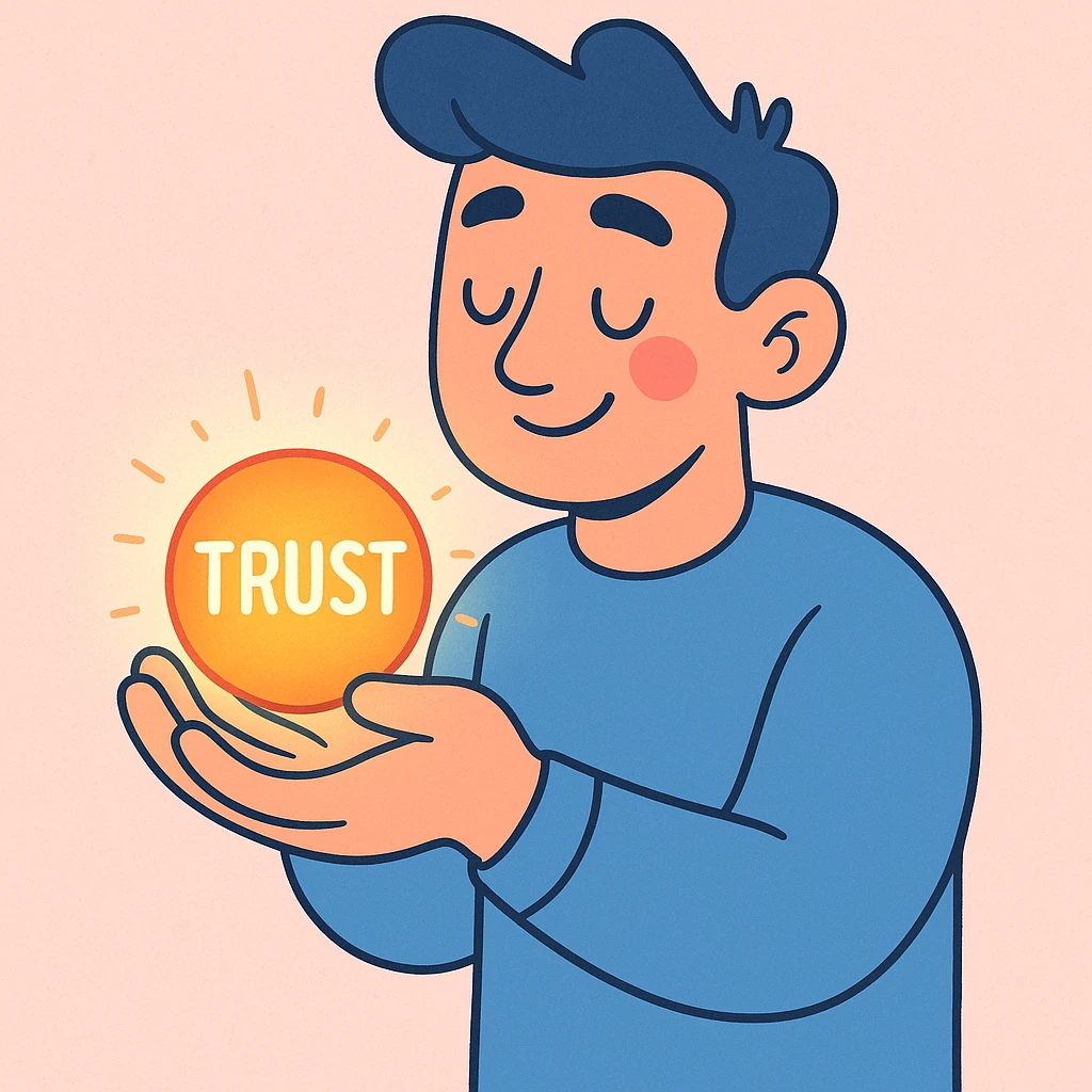 a man holding a glowing orb labeled 'trust', soft, pastel cartoon style emoji