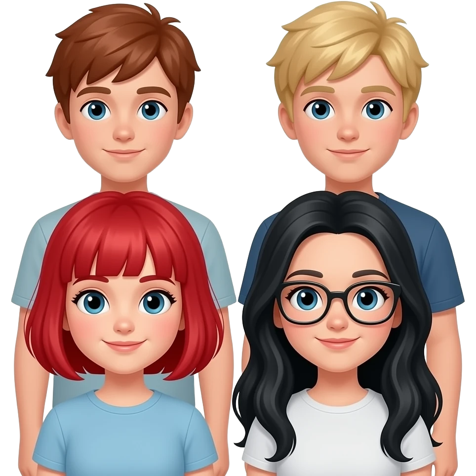 6 persopns, 4 girls, 2 boys. 1 boy and 1 girls have red head. 1 girl has short red head. 1 boy has blonde. 1 girl has long black hair and glases emoji