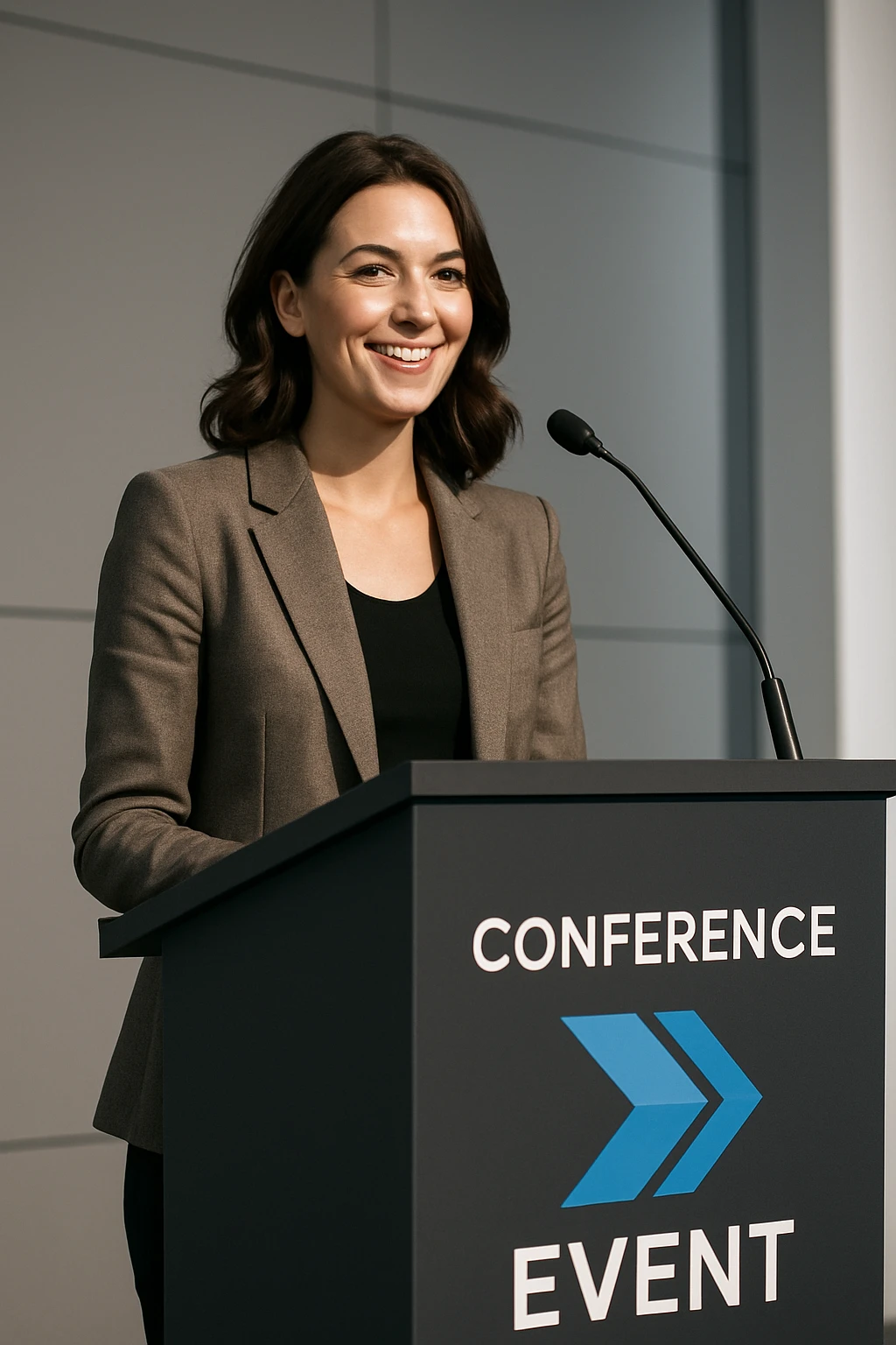 a female speaker at an event standing at a podium, modern conference, wearing a blazer, smiling, event branding on podium emoji