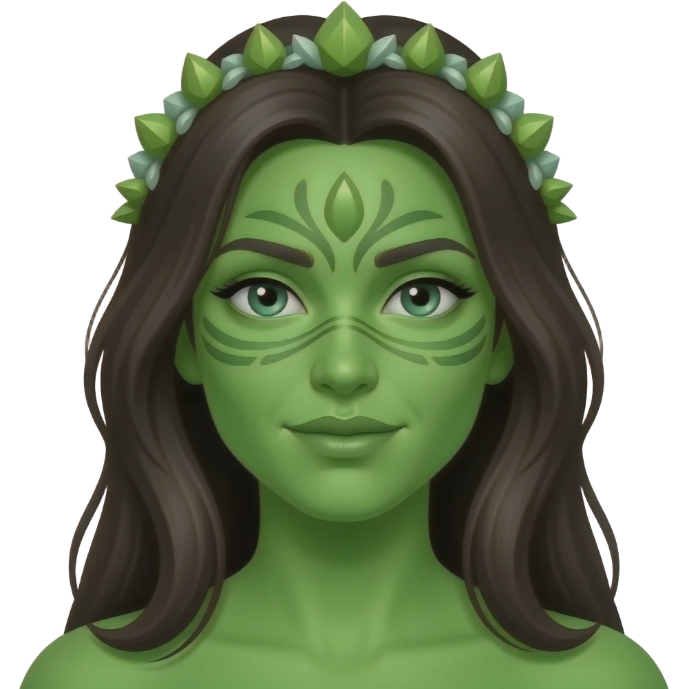llustrate a Pandora-style female avatar with radiant green skin, intricate facial markings emoji