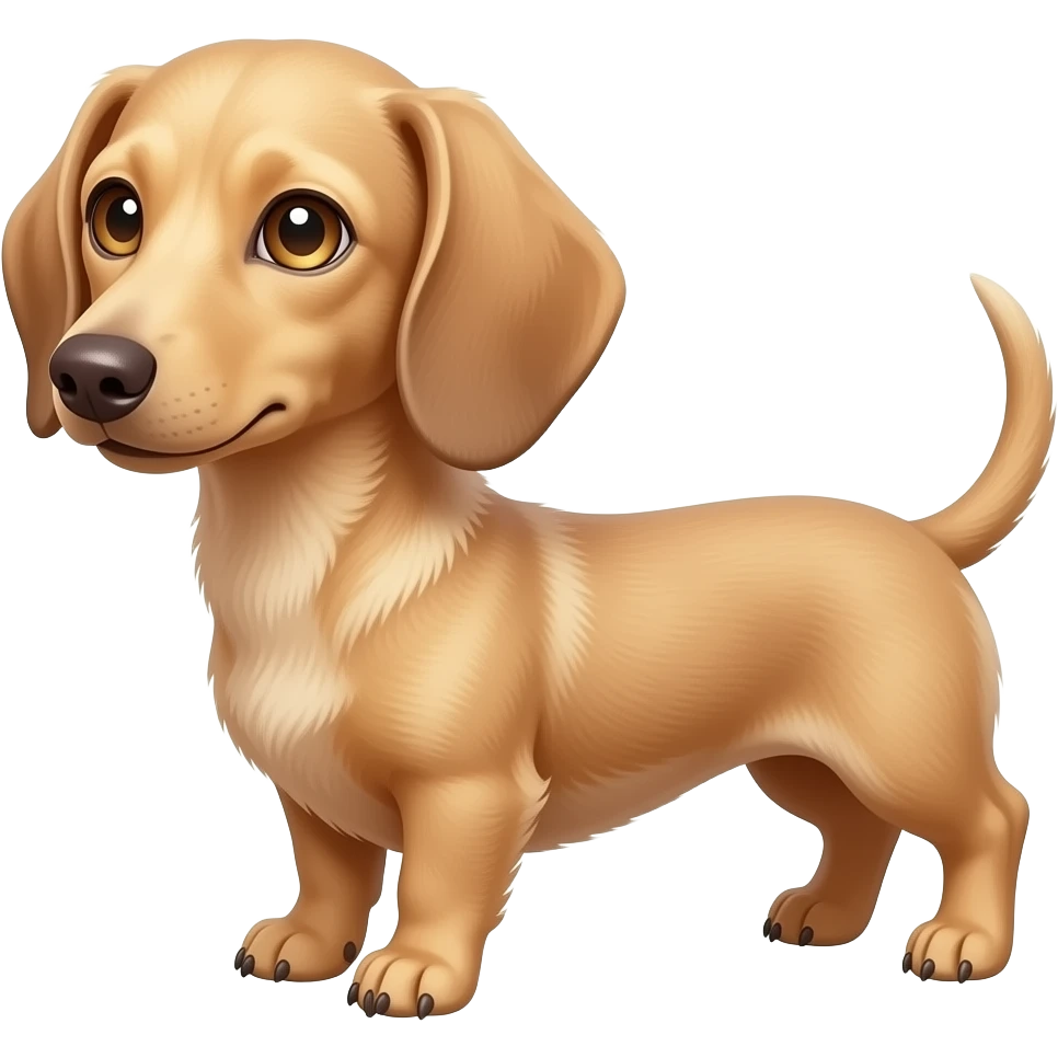 A small and thinnish dachshund with narrow width snout and a cream/blonde colored, short haired coat; has gold colored eyes, a pinkish brown colored nose, and tan colored nails emoji