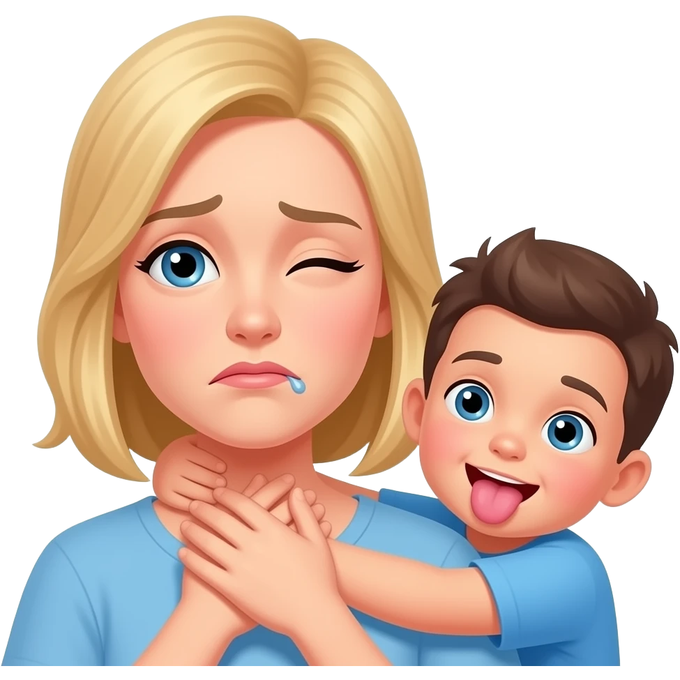 Hands crossing over around next with one eye open and one eye squinting female blond and sad mouth with younger sticking out emoji