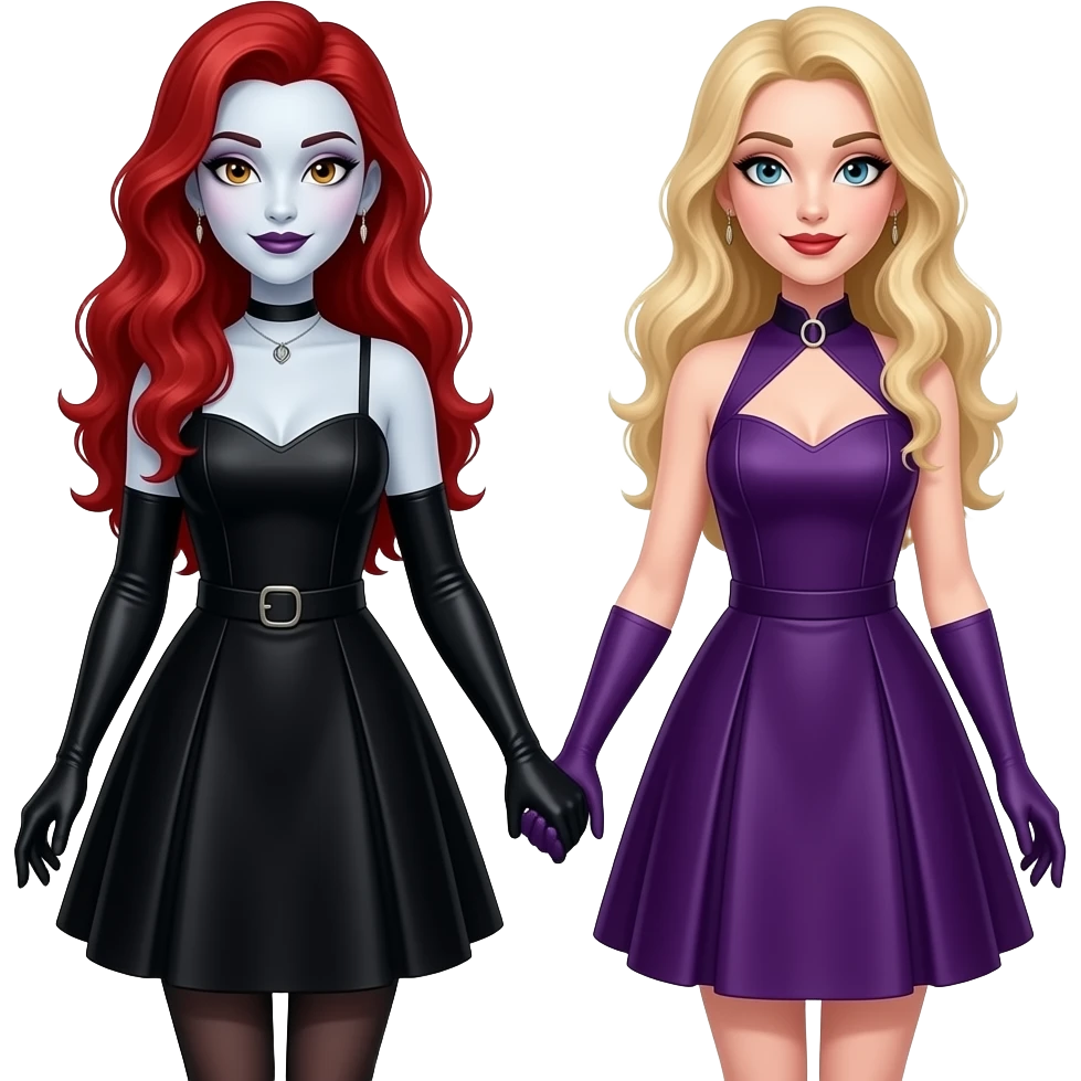 Vampiro femmina  con capelli lunghi rossi ondulati con pelle bianca che indossa un vestito stretto in vita e largo sotto che arriva alle ginocchia nero e degli anfibi lunghi che sta tenendo la mano a una sua amica vampiro FEMMINA con i capelli biondi e un vestito identico al suo viola emoji