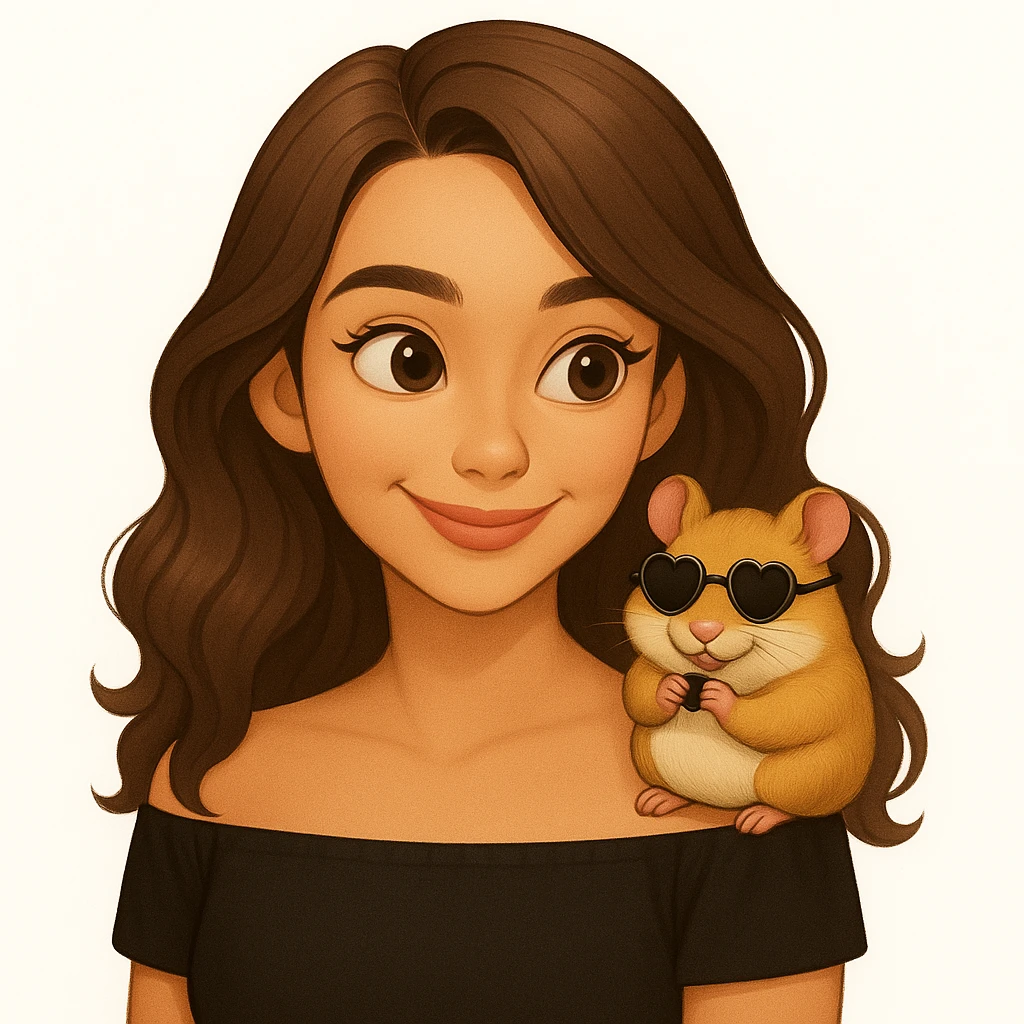 Change the hamster's sunglasses to heart-shaped sunglasses. Keep the playful, adorable vibe and the fun, carefree moment between the woman and her hamster. Maintain the modern, clean, warm style. emoji