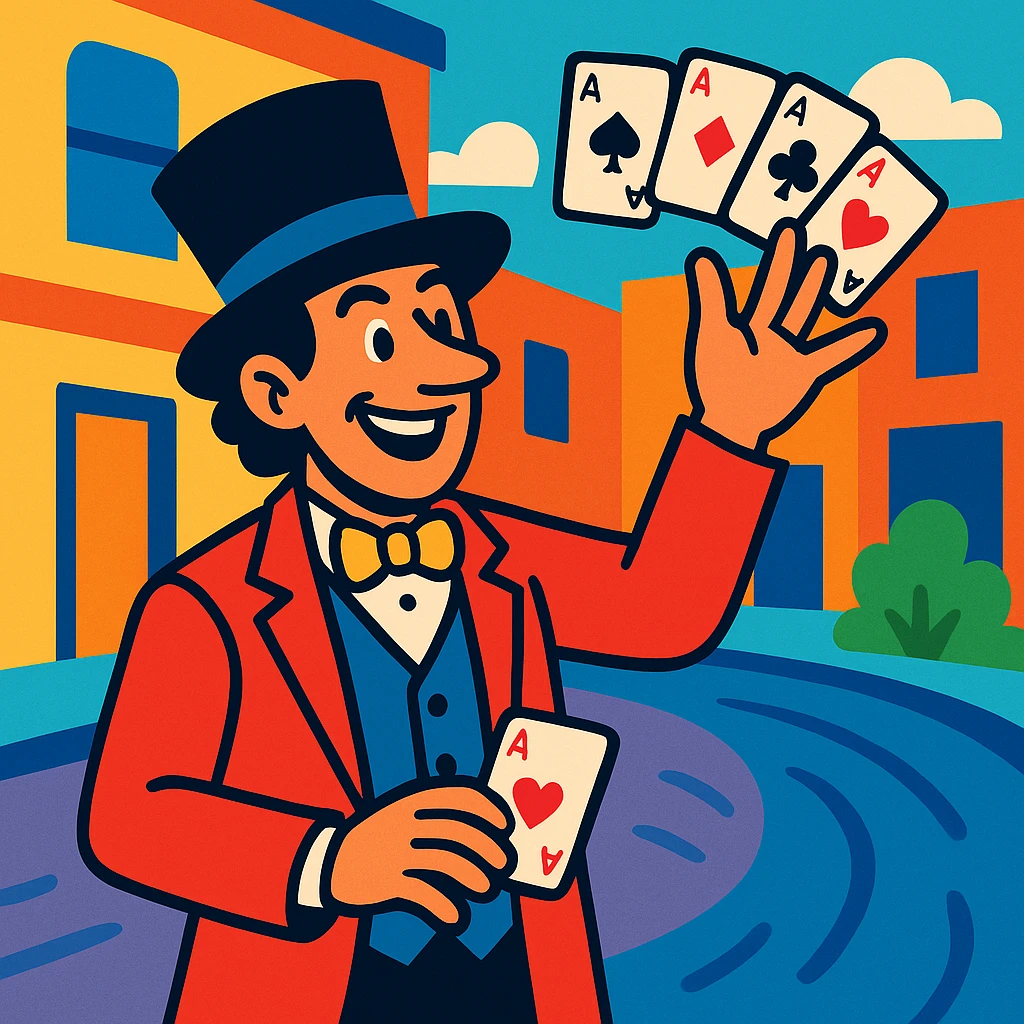 street magician performing a card trick, vibrant cartoon style emoji