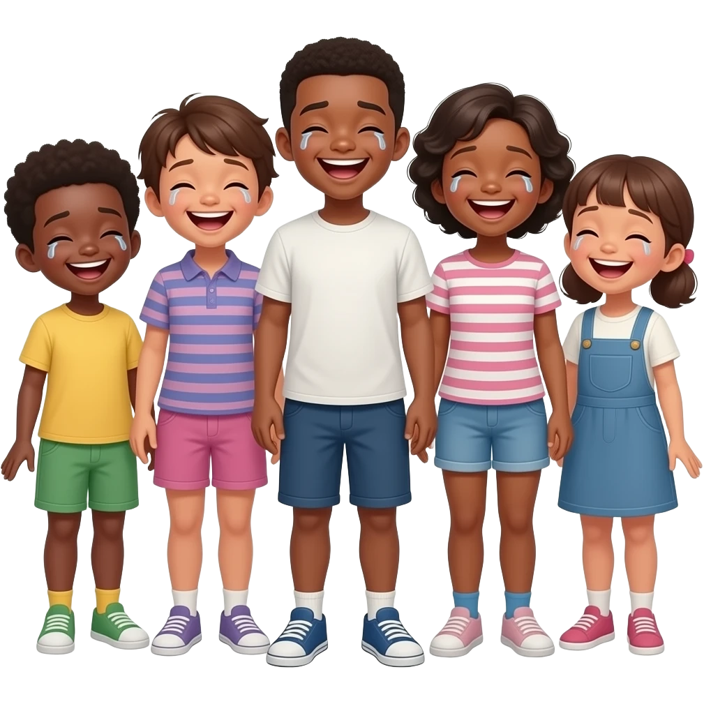 UNOS NIÑOS QUE SE ESTÁN RIENDO MUCHO. LOS NIÑO ESTA EN BUENA FORMA. CUERPO COMPLETO. QUE ESTÉ LLORANDO DE LA RISA. QUE SEA NEGRO emoji