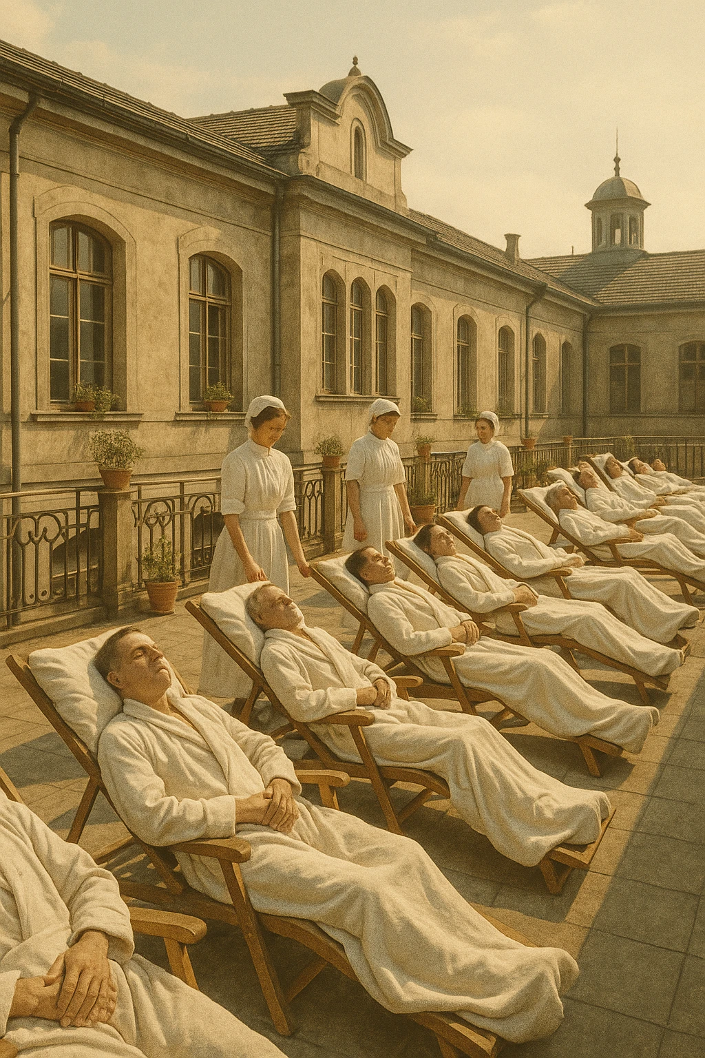 A realistic, historical cinematic illustration of a hospital rooftop solarium from the early 1900s, with patients in white robes and blankets lying on lounge chairs under the sun, receiving heliotherapy. Nurses in classic white uniforms and caps assist quietly, while the warm sunlight bathes the scene. The architecture is vintage, with iron railings, potted plants, and the backdrop of an old European hospital building. The atmosphere is calm and healing, showing patients with tuberculosis, rickets, and malnutrition benefiting from the sun’s rays to stimulate vitamin D production. The color palette is warm, with soft yellows and gentle sunlight, evoking a sense of hope and natural healing, reminiscent of historical black-and-white photographs with subtle colorization for realism emoji