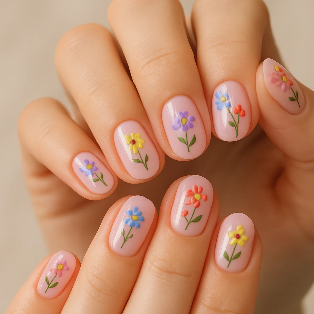 pink nails with flowers emoji