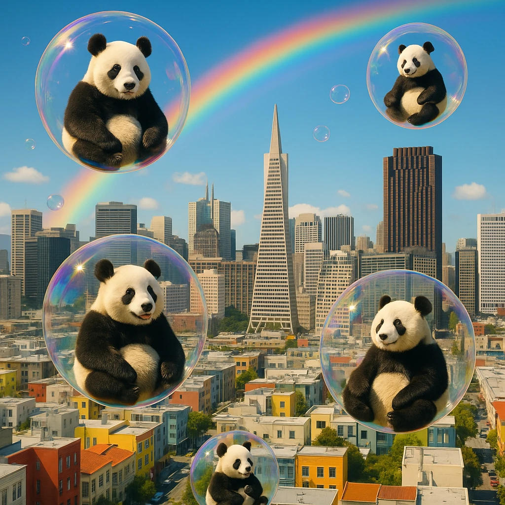 Cinematic still pandas bears sitting inside bubbles flying around San Francisco downtown, sunny summer day, happy vibe, colorfull surround, rainbow emoji