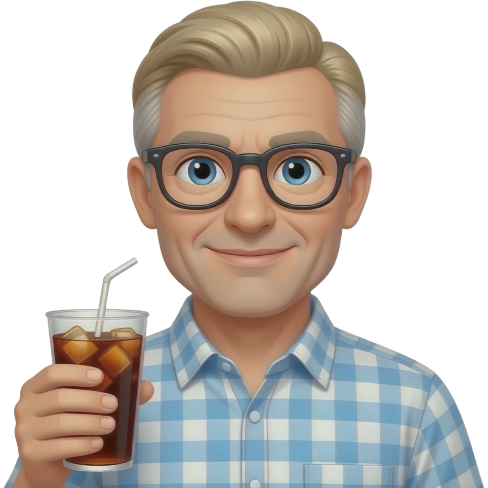 white nerdy man with no beard in his 60s - no glasses no defined jaq - wearing a button down -- with blond salt and pepper hair holding a cup of soda emoji