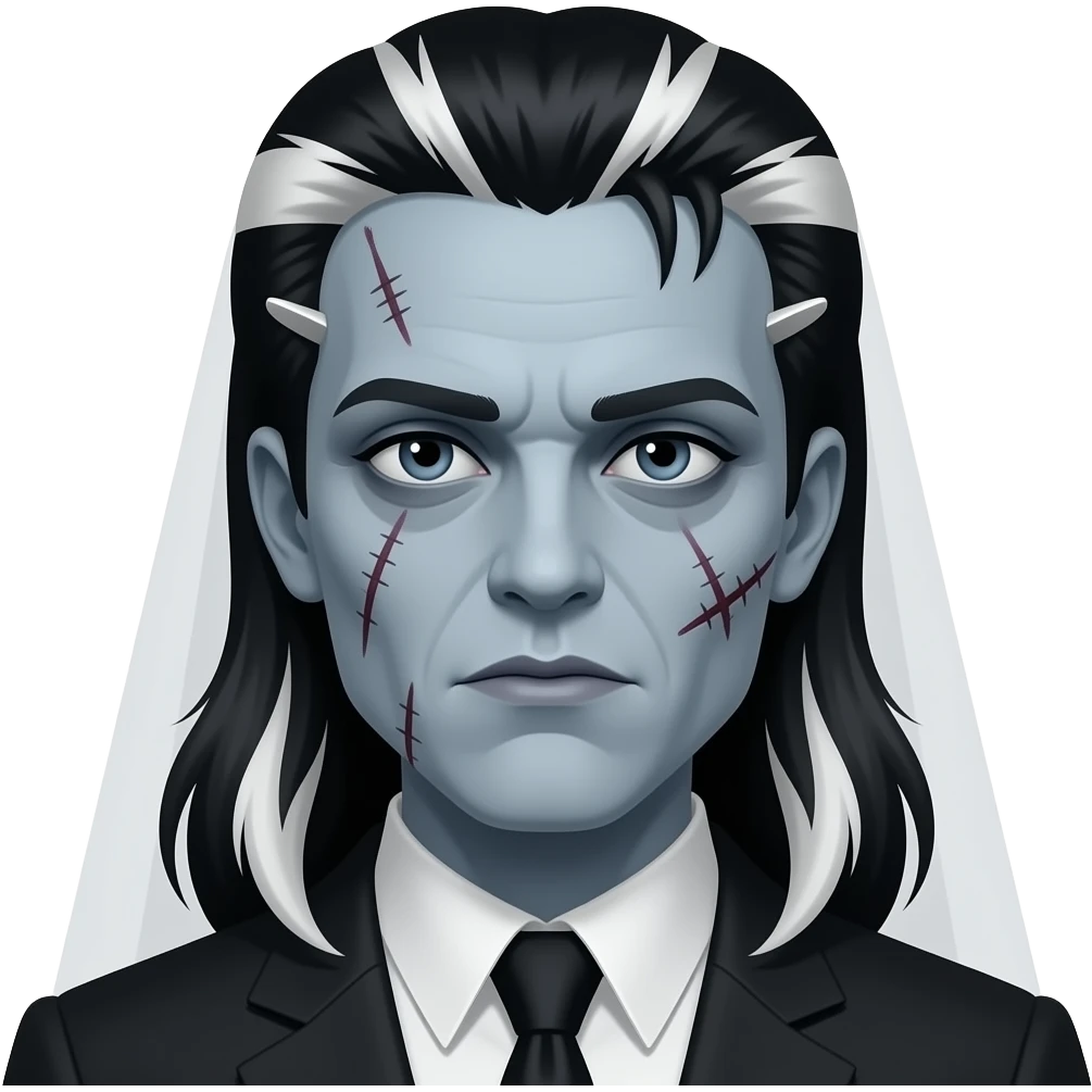 universal monster bride of frankenstein black hair white streaks gaunt regal face stitches emoji