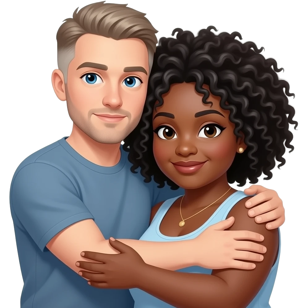 Medium build white male with medium light hair and some gray hair, cut high and tight/ buzz cut  blue eyes with his arms wrapped around plus size black female Afro hair, some gray emoji