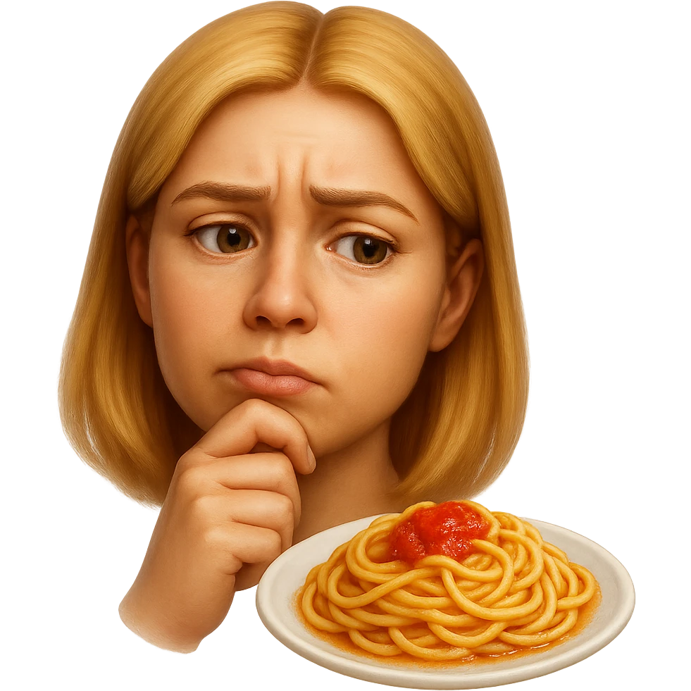 donna che guarda pensierosa un piatto di pasta, stile emoji iphone, iperrealistico 4k emoji