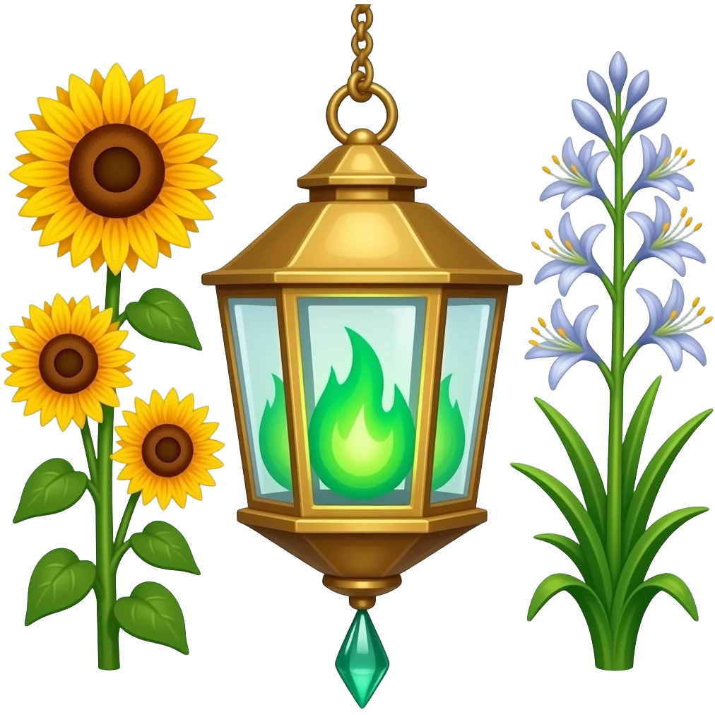 A golden hanging lantern with a bright emerald flames, an empty loop on top, fae themed sunflowers on the left and fully bloomed asphodels on the right as part of the design, but simple focus more on the green flames, paint the glass more green, have its bottom point come to some sort of point emoji