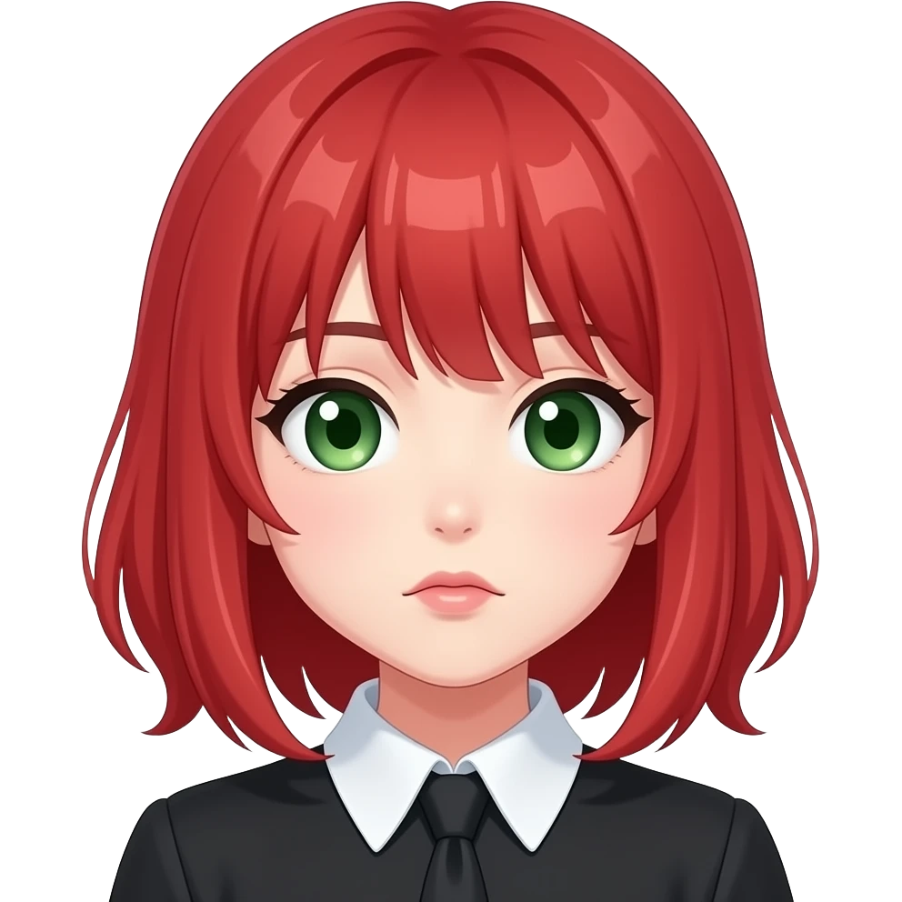 anime girl, up turned lip,  red hair, green eyes, black blouse with white collar emoji