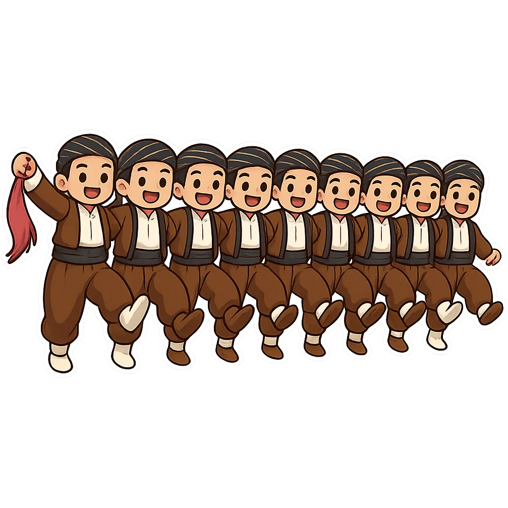 Create a colorful and joyful cartoon sticker of a group of Kurdish men in traditional clothing exactly as in the reference image: brown Kurdish pants, white shirts, black vests and sashes, and headscarves. They are dancing Kurdish dance holding hands with raised legs. No text. Suitable for WhatsApp and Instagram with a transparent background. emoji