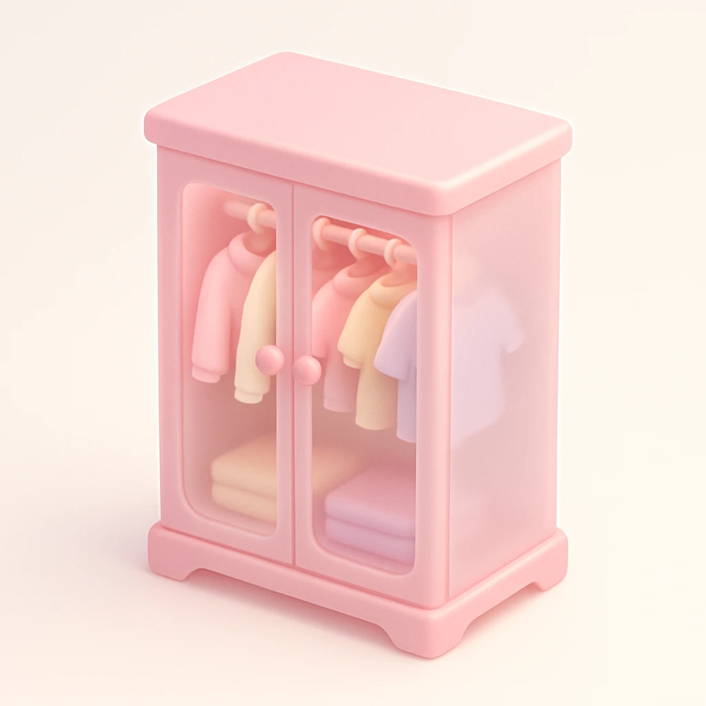 adorable pink glass wardrobe filled with pastel clothing, gentle lighting, kawaii vibe emoji