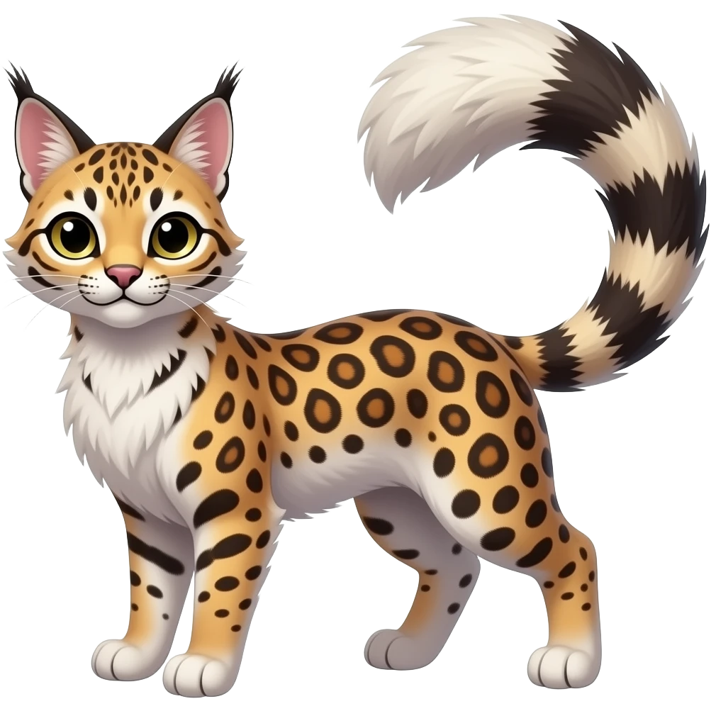 realistic elegant lanky scaly feathery caracal-civet-snow-leopard-bobcat-genet-animal-Fakémon-hybrid, long thin tufted tail emoji