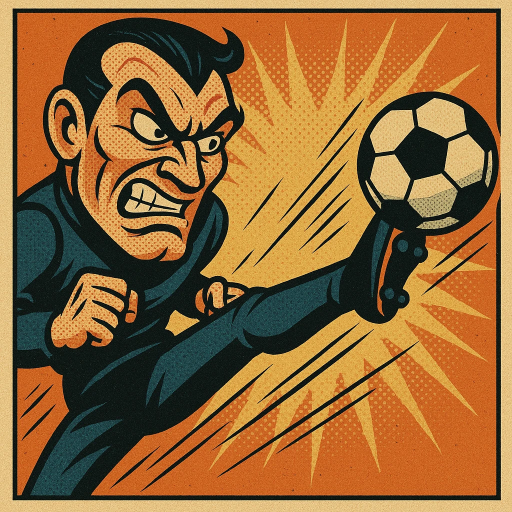 fierce villainous face with a sneer, mid-air high kick to a soccer ball, comic book style emoji