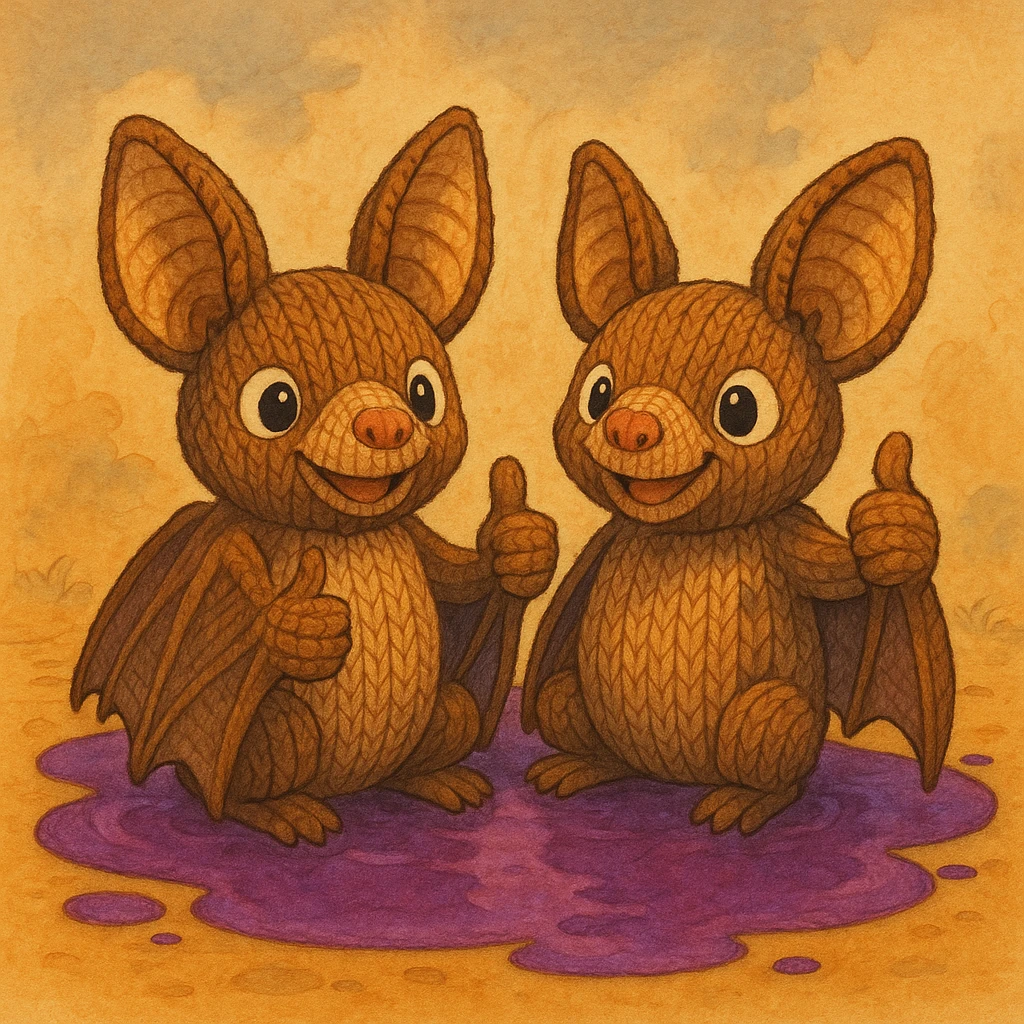 two knitted toy fruit bats giving a thumbs-up, sitting in a puddle of purple liquid, ghibli style emoji