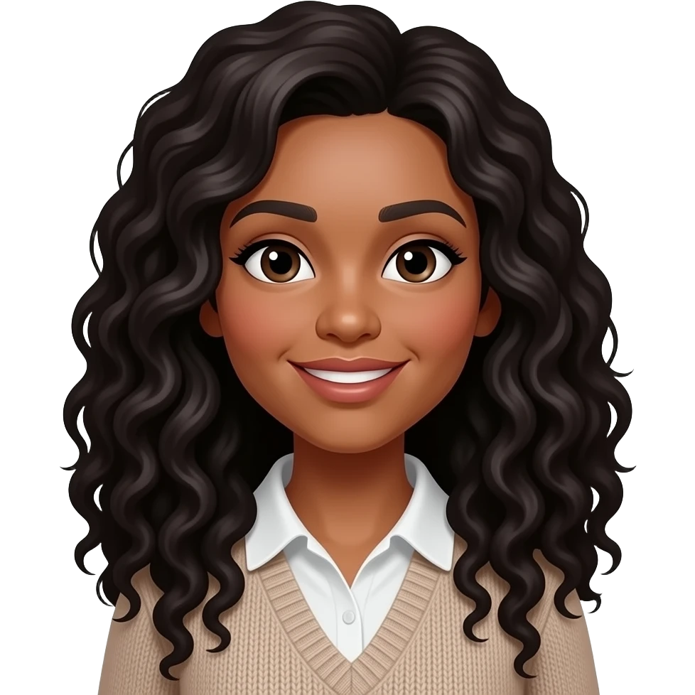 olive skinned, long curly black hair, teacher in a jumper emoji