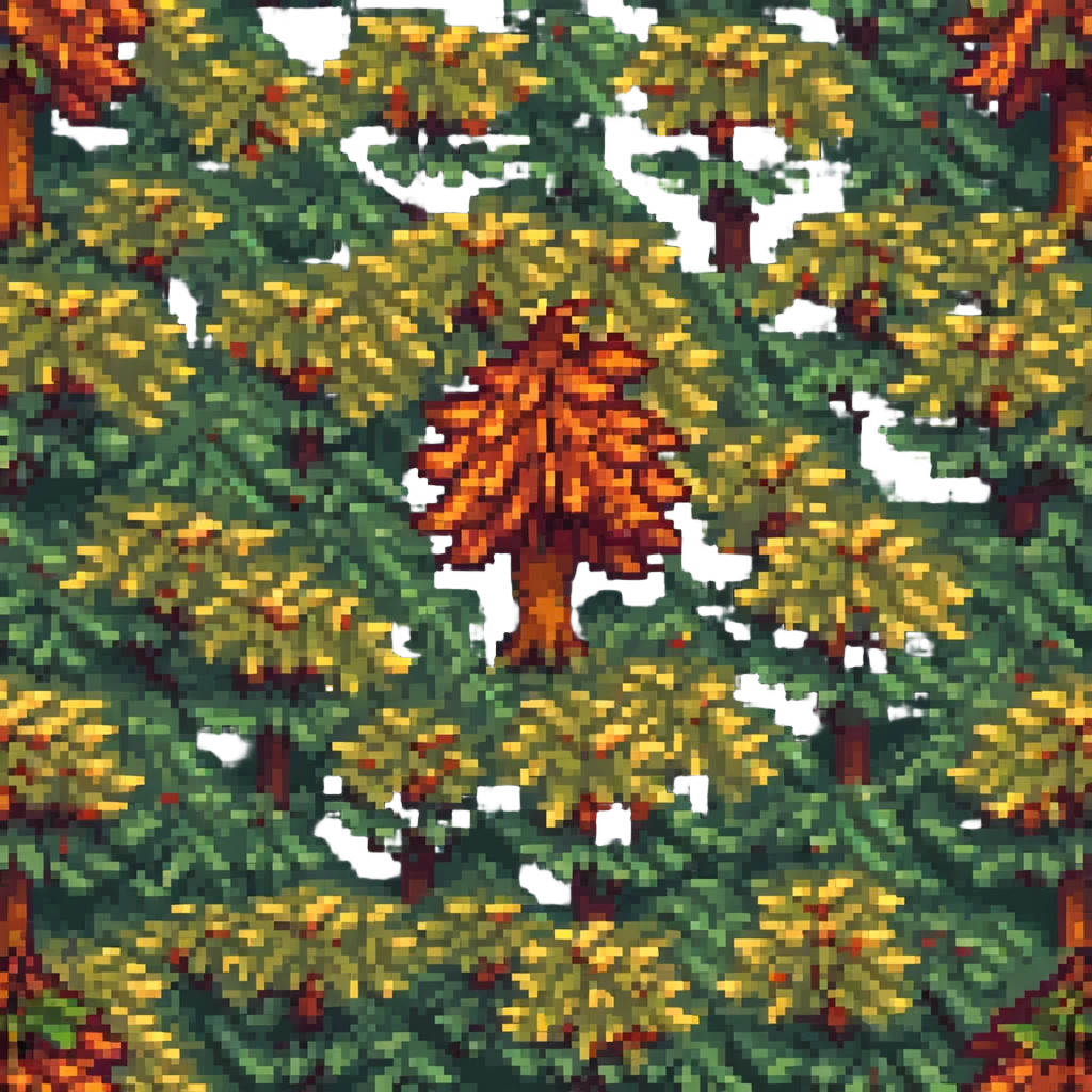 pixel art emoji of a vibrant maple tree with orange and red leaves on a lush green hill under a clear blue sky emoji