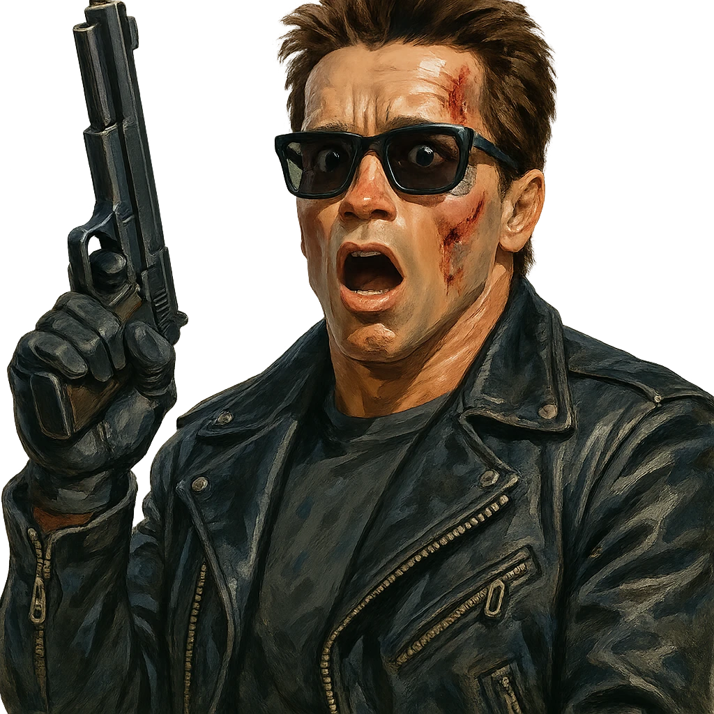 Terminator Arnold Schwarzenegger with sunglasses, surprised look, holding a gun up, realistic painted cartoon style emoji