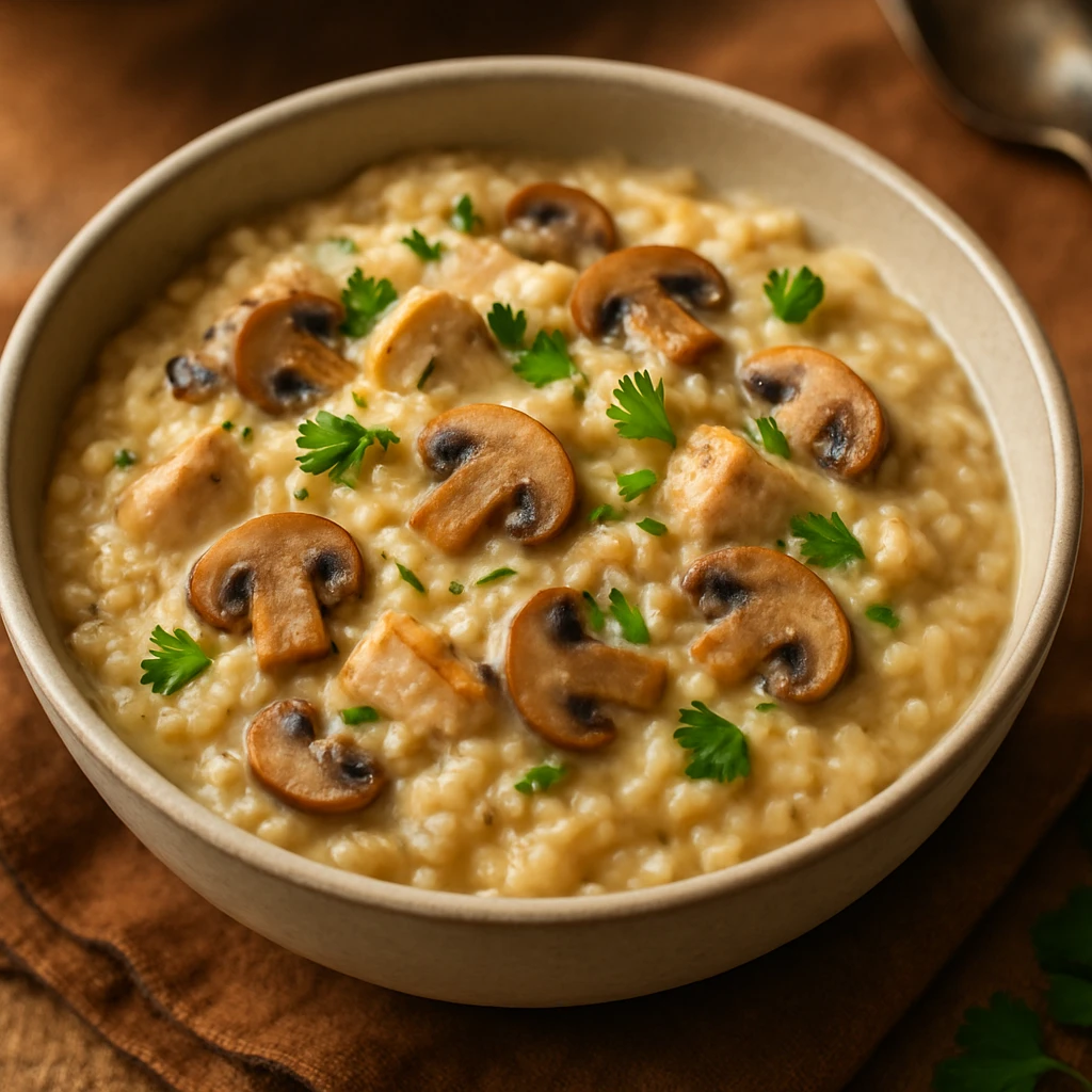a bowl of creamy chicken mushroom risotto, garnished with parsley, in a cozy, appetizing style emoji