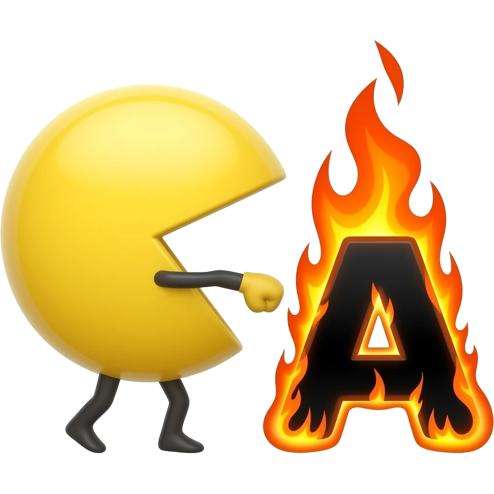 Traditional PAC man with no eyes with flames arm punching with a boxing the letter A in flames emoji