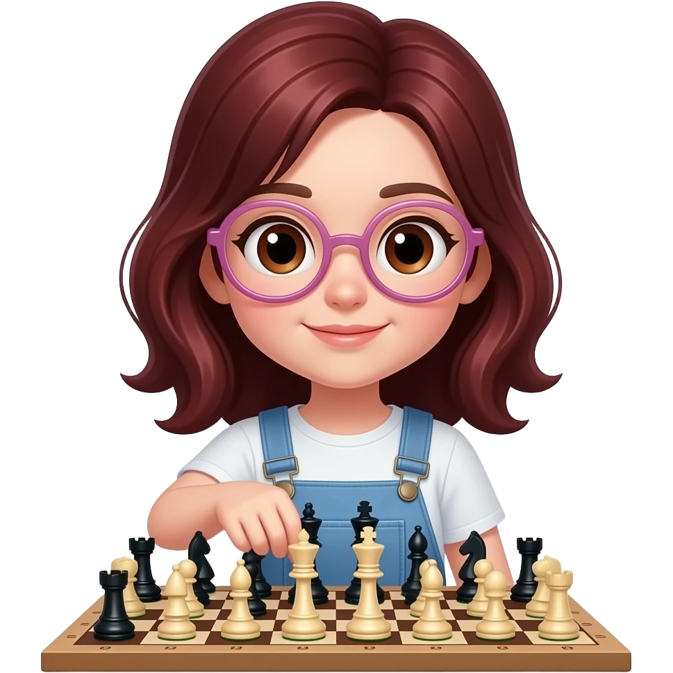 Generate an emoji of a white girl with dark brown-red hair, brown eyes, semi-transparent pinkish and rounded eyeglasses. She must be playing chess emoji