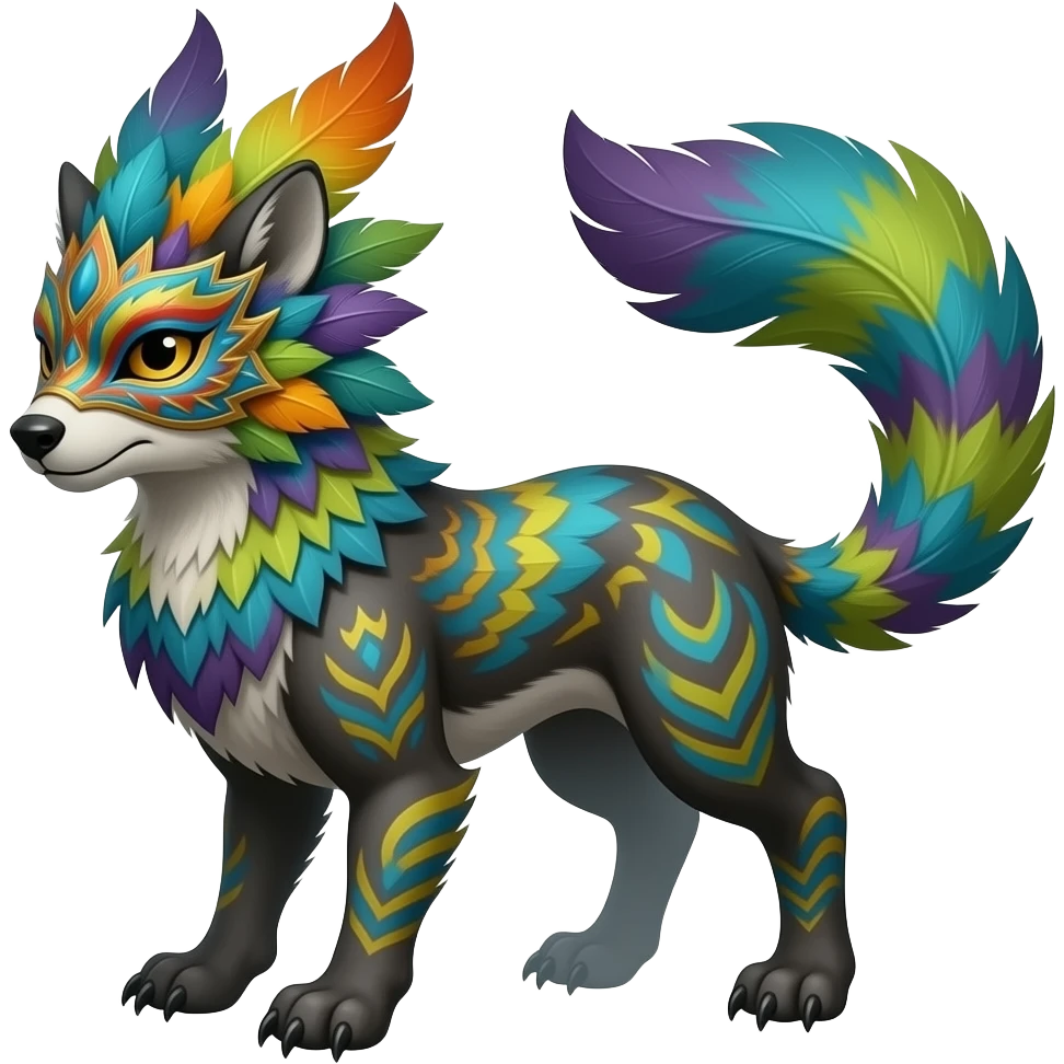 Tropical colorful feathered-masked gloomy foggy eldritch beautiful realistic edgy fantasy vernid-sergal-fursona animal creature full body with intricate markings emoji