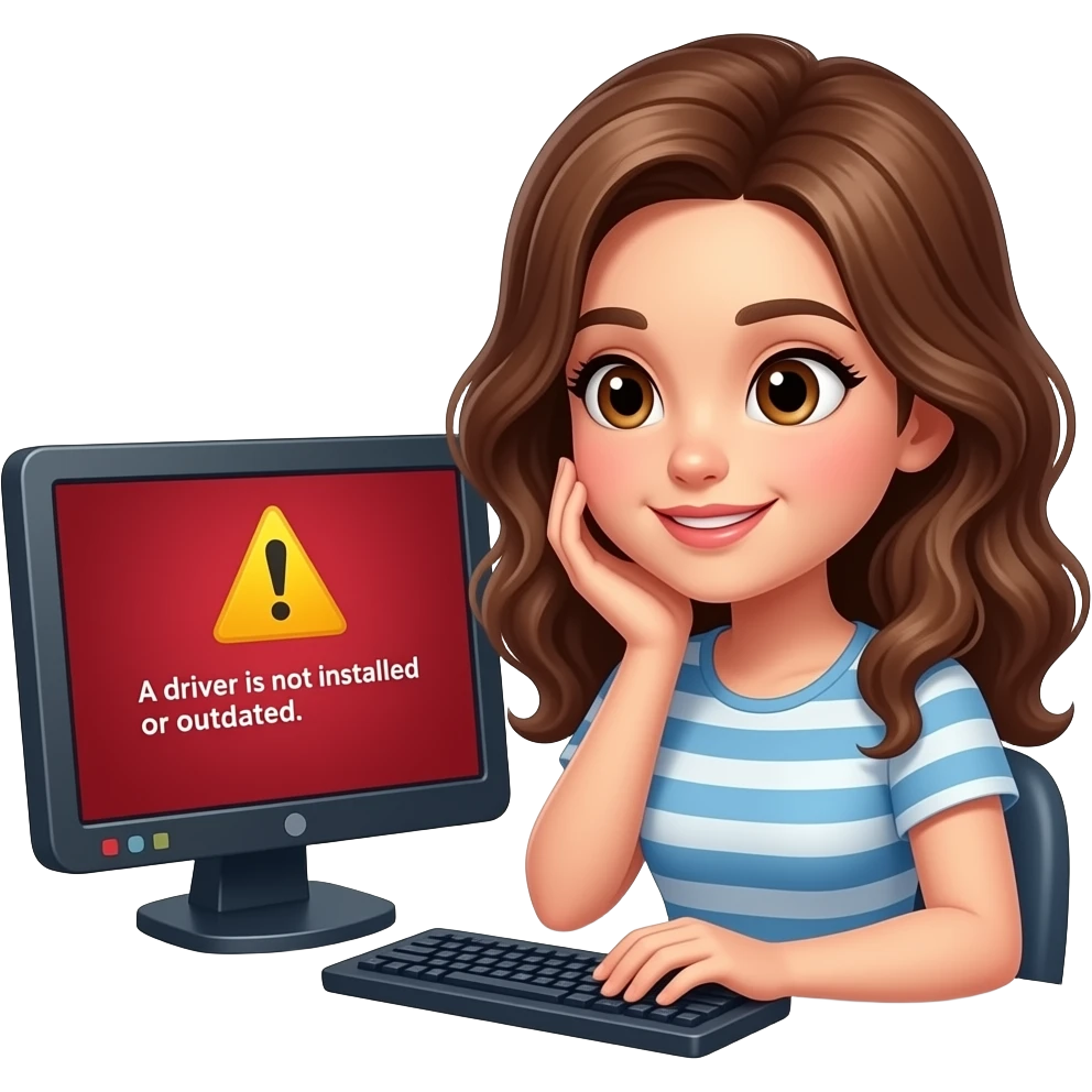 chica de pelo ondulado cafe, con un un driver no está instalado o está desactualizado,del computo emoji