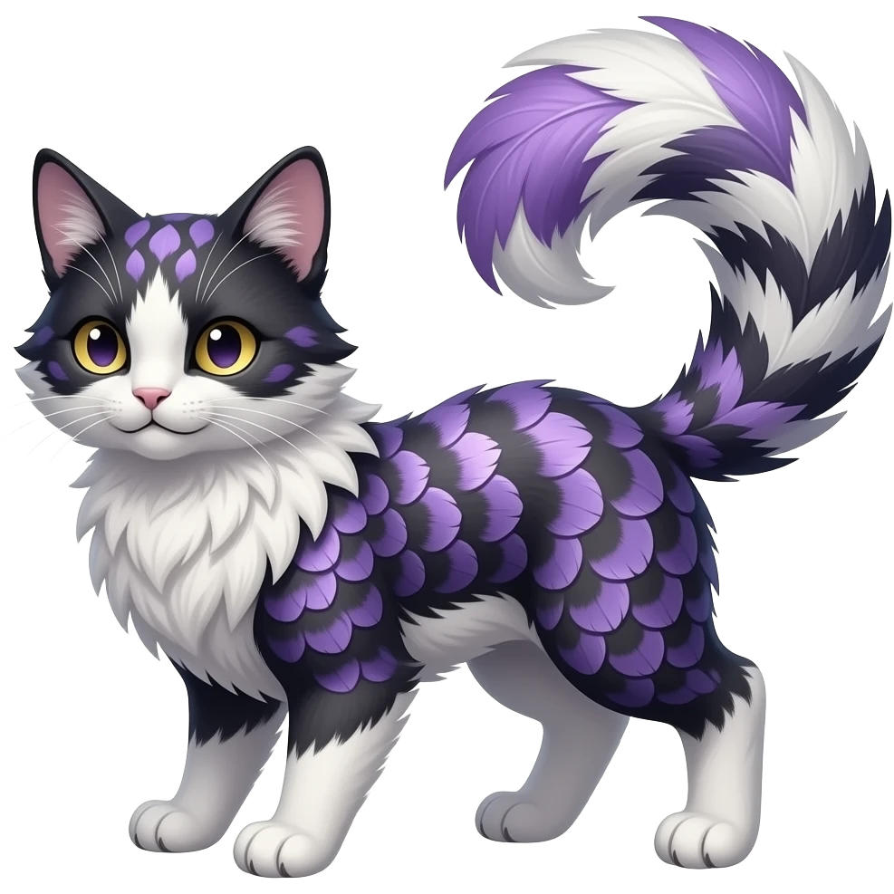 Scroll-patterned majestic feathery elegant realistic Furry, feathery fluffy tropical flecked painted feathery scaly, Purple, white, black, Minccino-Bambino-Lykoi-Linoone-Zangoose-fusion-hybrid-animal-Fakémon-creature, full body, thin long sleek scaly tail, intricate markings emoji