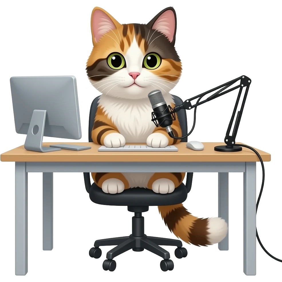sincere long-fur calico cat podcaster at desk female emoji