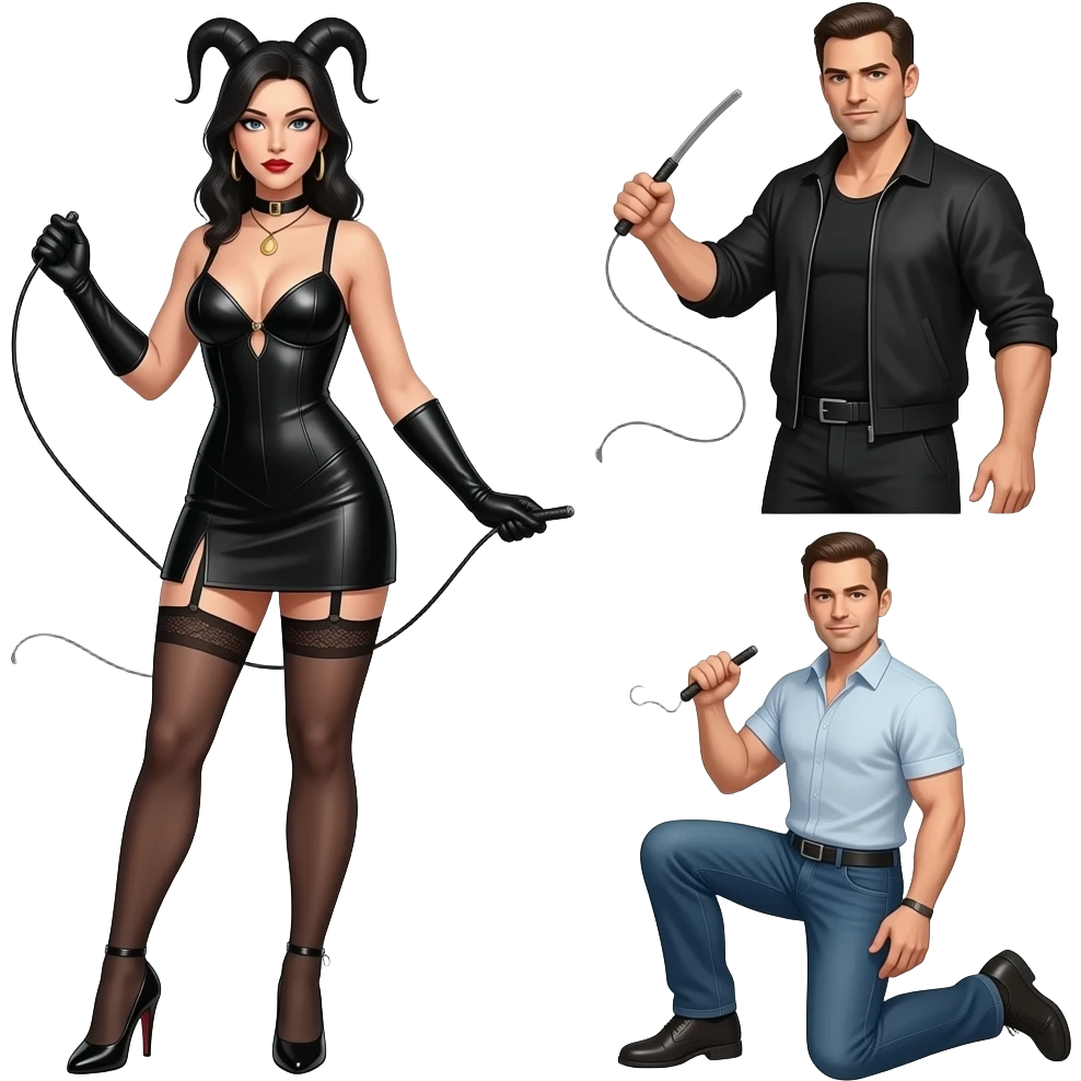 Una dominatrice con la frusta, un dominatore con una frusta, e un uomo inginocchiato emoji