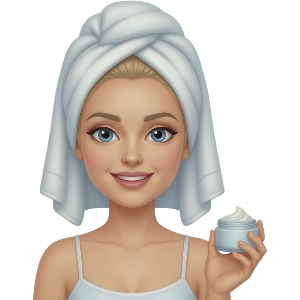Uma mulher de toalha na cabeça pq ela acabou de sair do banho. A pele é branca/clara e cabelo loiro segurando pote de creme emoji