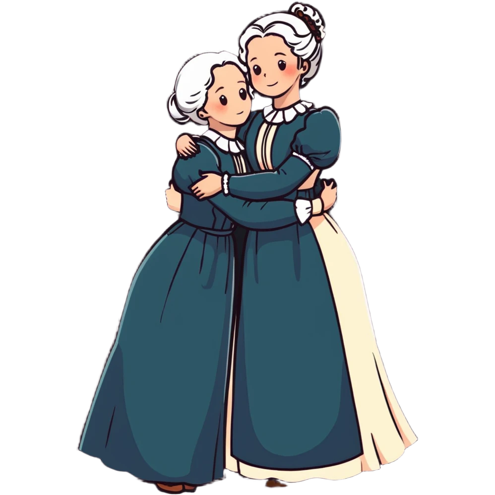Two modest Victorian women hugging, one with white hair and one with copper red hair, wearing long Victorian dresses emoji
