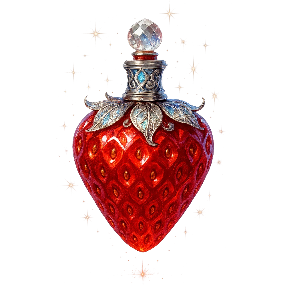 luxurious crystal elixir bottle in strawberry shape, vibrant red color, ornate silver and iridescent details, magical glowing and sparkling effects, very small neck, seamless bottom, transparent background, bottle clearly floating in air, no base or shadow, modern, collection style emoji