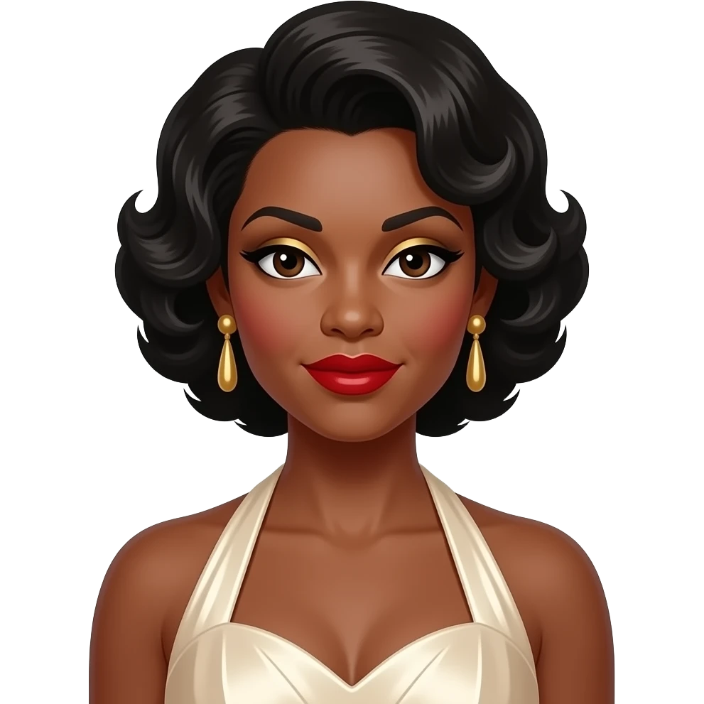 Dorothy Dandridge with dark brown eyes, black 50s curls hair, gold eyeshadow, red lipstick, ivory metallic halter dress, earrings emoji
