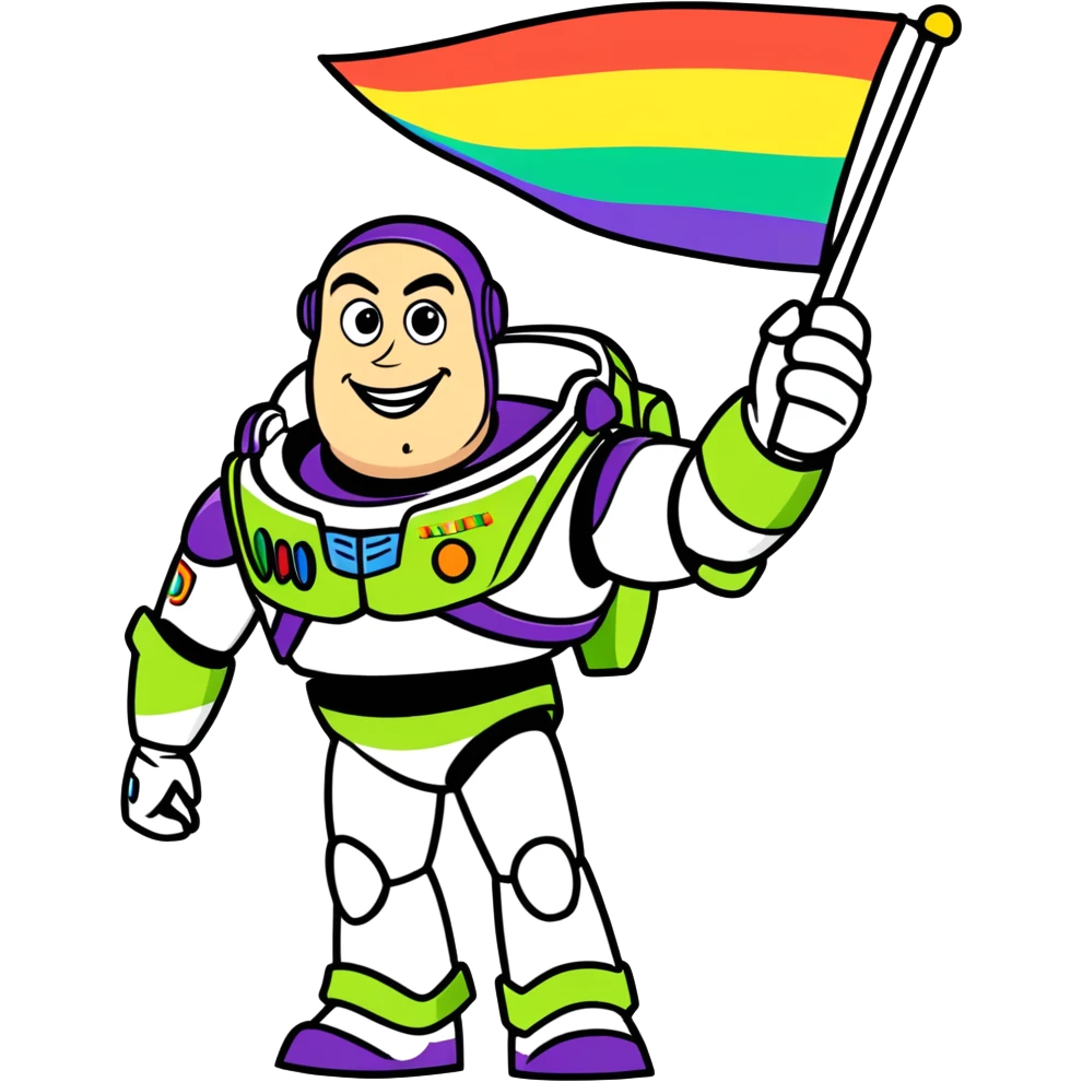 Buzz lightyear holding a gay Pride flag emoji